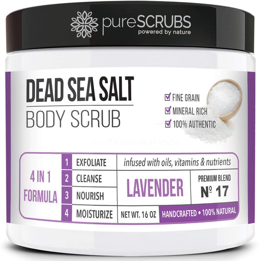 PureSCRUBS Premium Lavender Body Scrub jar showing texture for smooth, radiant skin
