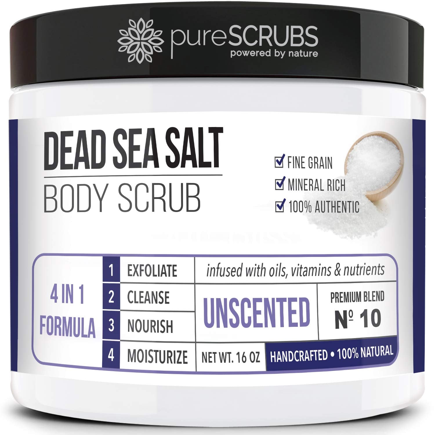 PureSCRUBS Premium Unscented Body Scrub jar showing smooth skin preparation.