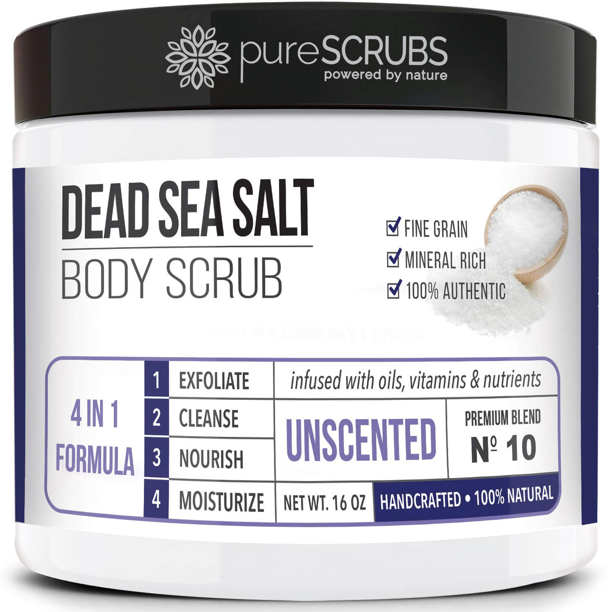 PureSCRUBS Premium Unscented Body Scrub jar showing smooth skin preparation.