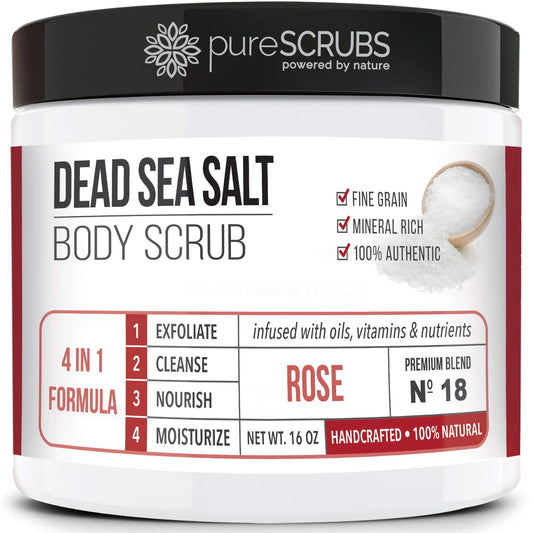 PureSCRUBS rose body scrub jar showing premium exfoliation for smoother skin.