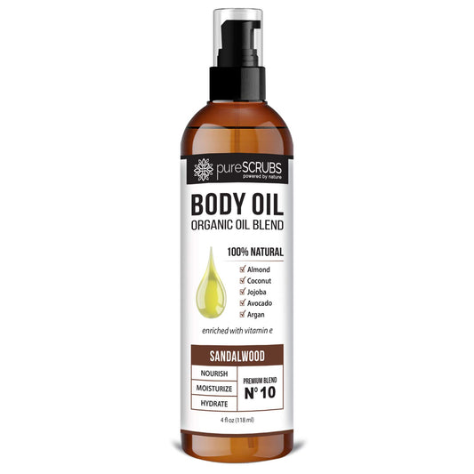 PureSCRUBS sandalwood body oil bottle pour – lightweight hydration for dry skin.