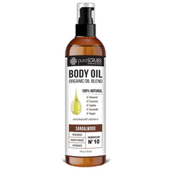 PureSCRUBS sandalwood body oil bottle pour – lightweight hydration for dry skin.