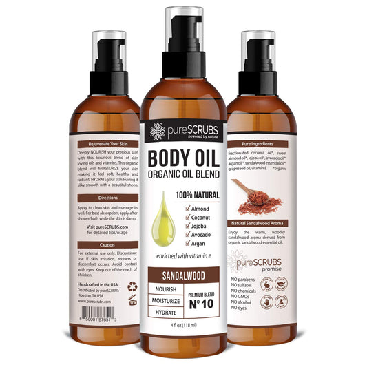 PureSCRUBS sandalwood body oil on skin – smooths and nourishes for a healthy glow.