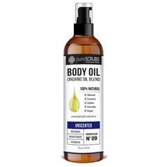 pureSCRUBS Ultra Moisturizing Body Oil Spray bottle shows a silky, non-greasy finish.