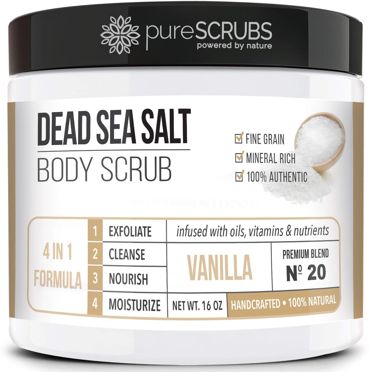 PureSCRUBS vanilla Dead Sea salt scrub jar showing rich texture for smoother skin.