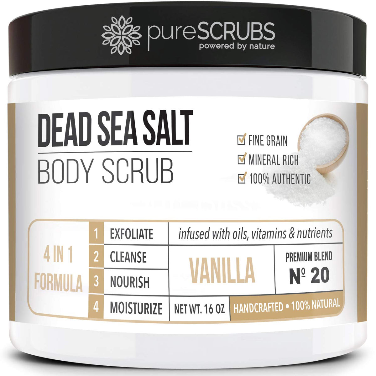 PureSCRUBS vanilla Dead Sea salt scrub jar showing rich texture for smoother skin.