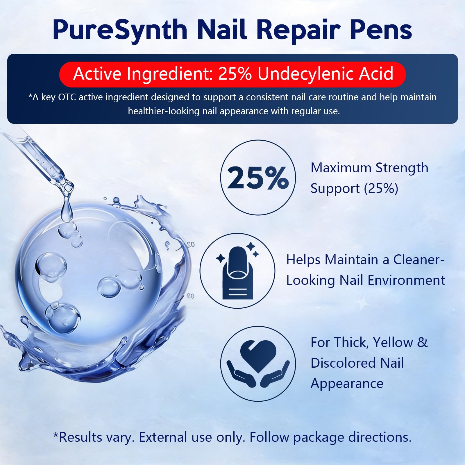 PureSynth label highlights conditioning complex with Aloe Vera and Vitamin E for nails.