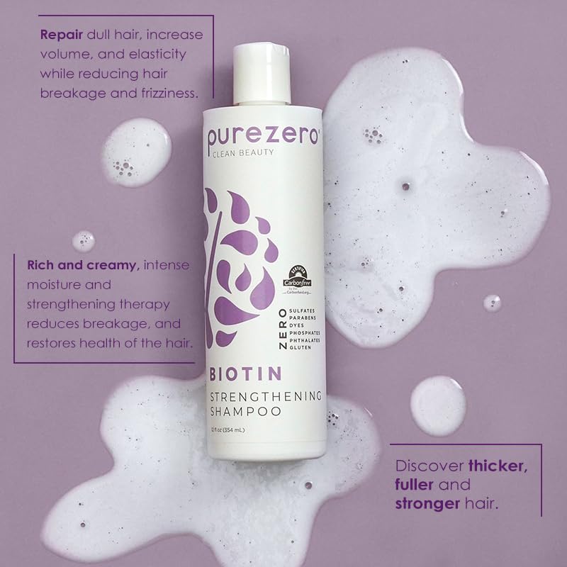Purezero Biotin conditioner bottle signals voluminous conditioning for stronger, softer strands.
