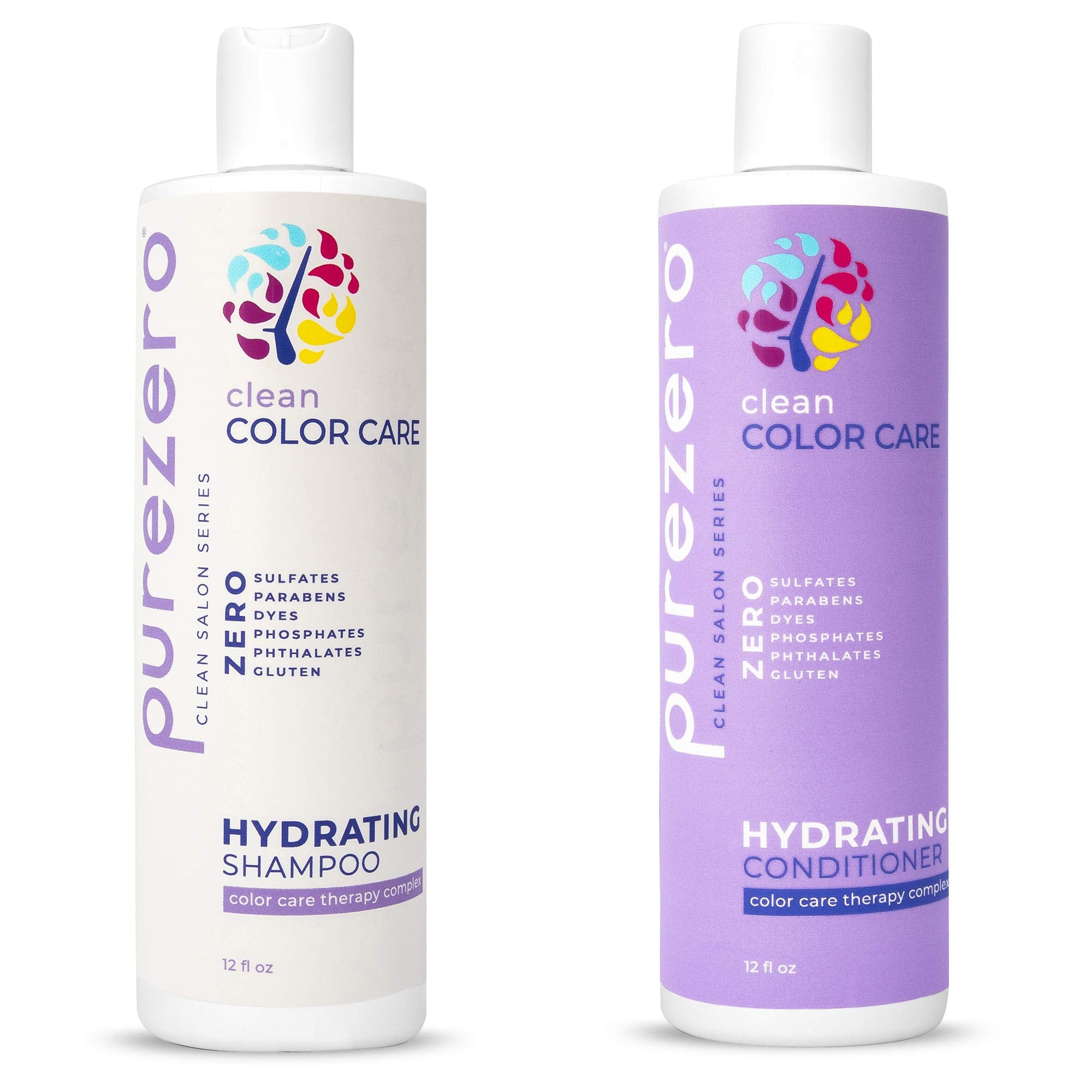 Purezero clean color care shampoo bottle highlighting color protection and hydration