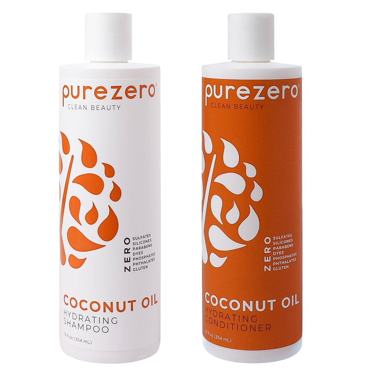 PureZero coconut oil shampoo bottle showing hydrating formula for dry or color-treated hair.