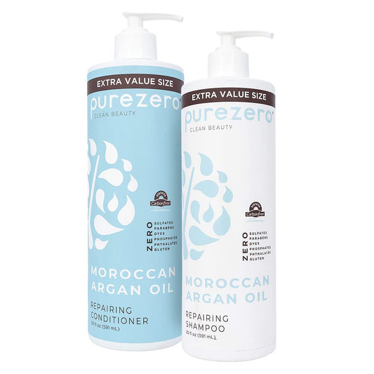 Purezero Moroccan Argan Oil Shampoo bottle highlighting hair repair benefits