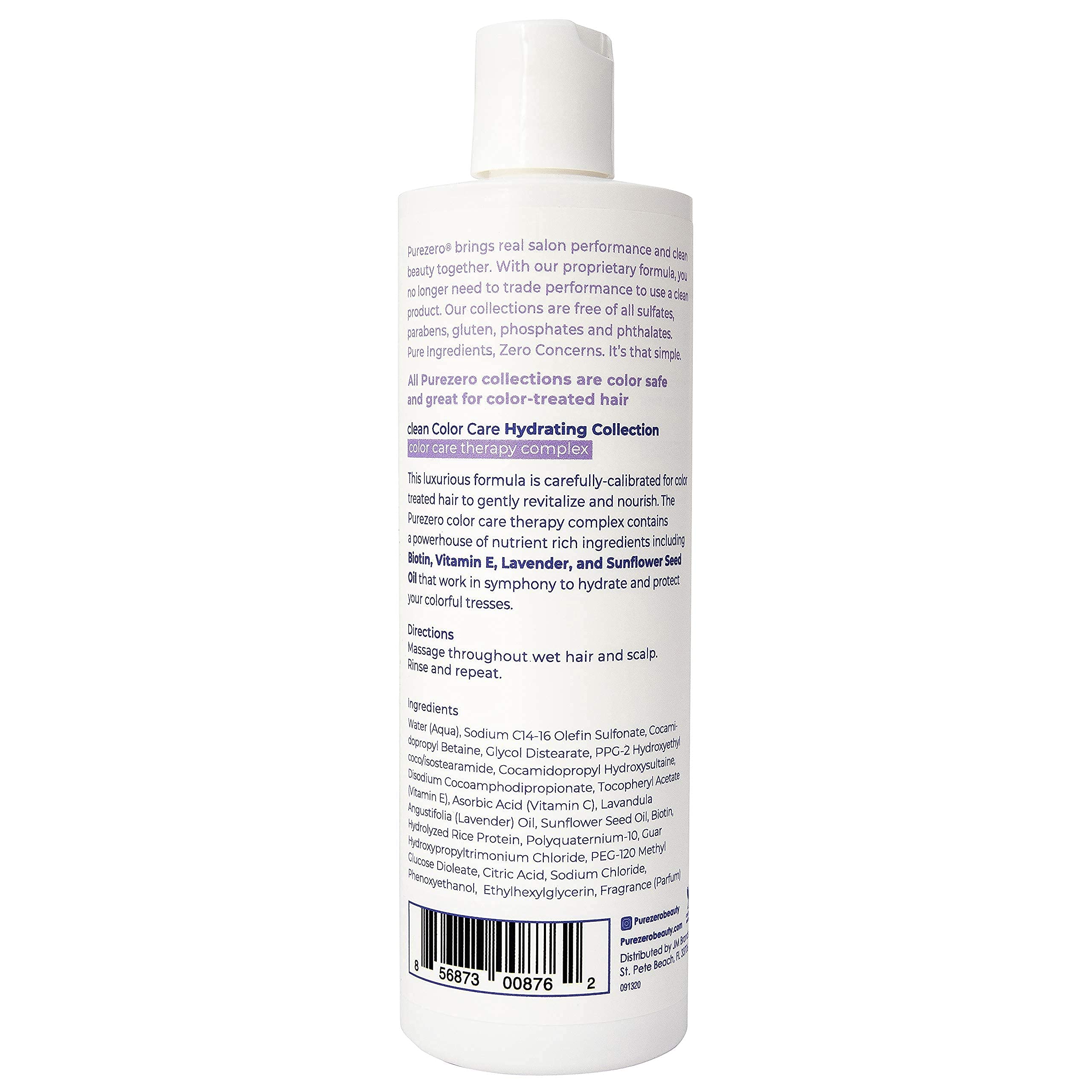 Purezero bottle and packaging front view demonstrates zero sulfates and parabens