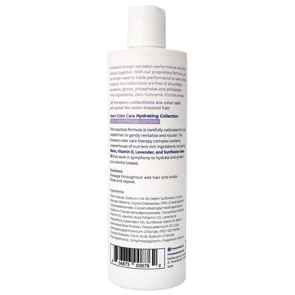 Purezero bottle and packaging front view demonstrates zero sulfates and parabens