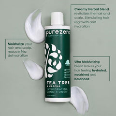 Purezero tea tree leaves and matcha powder close-up for invigorating scalp care