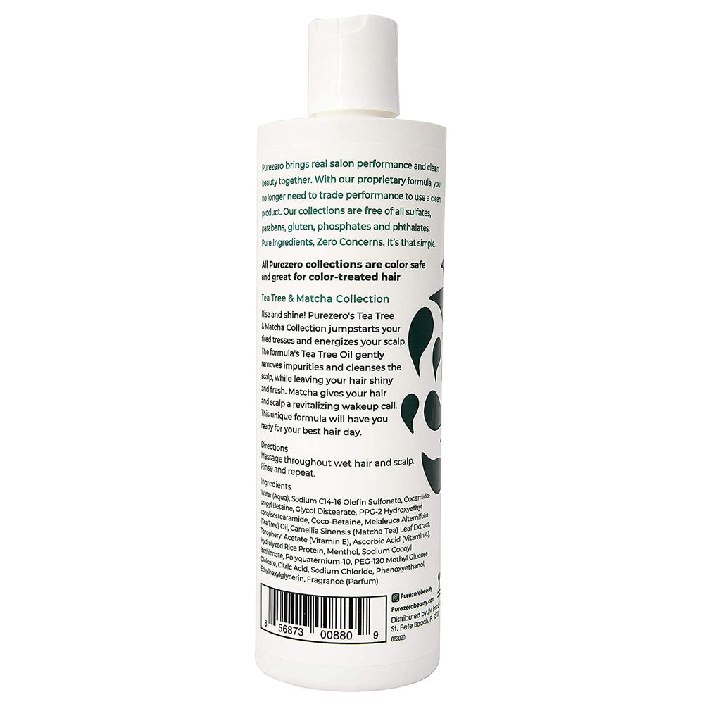 Purezero Tea Tree and Matcha natural ingredients highlighting clean formula for healthy hair.
