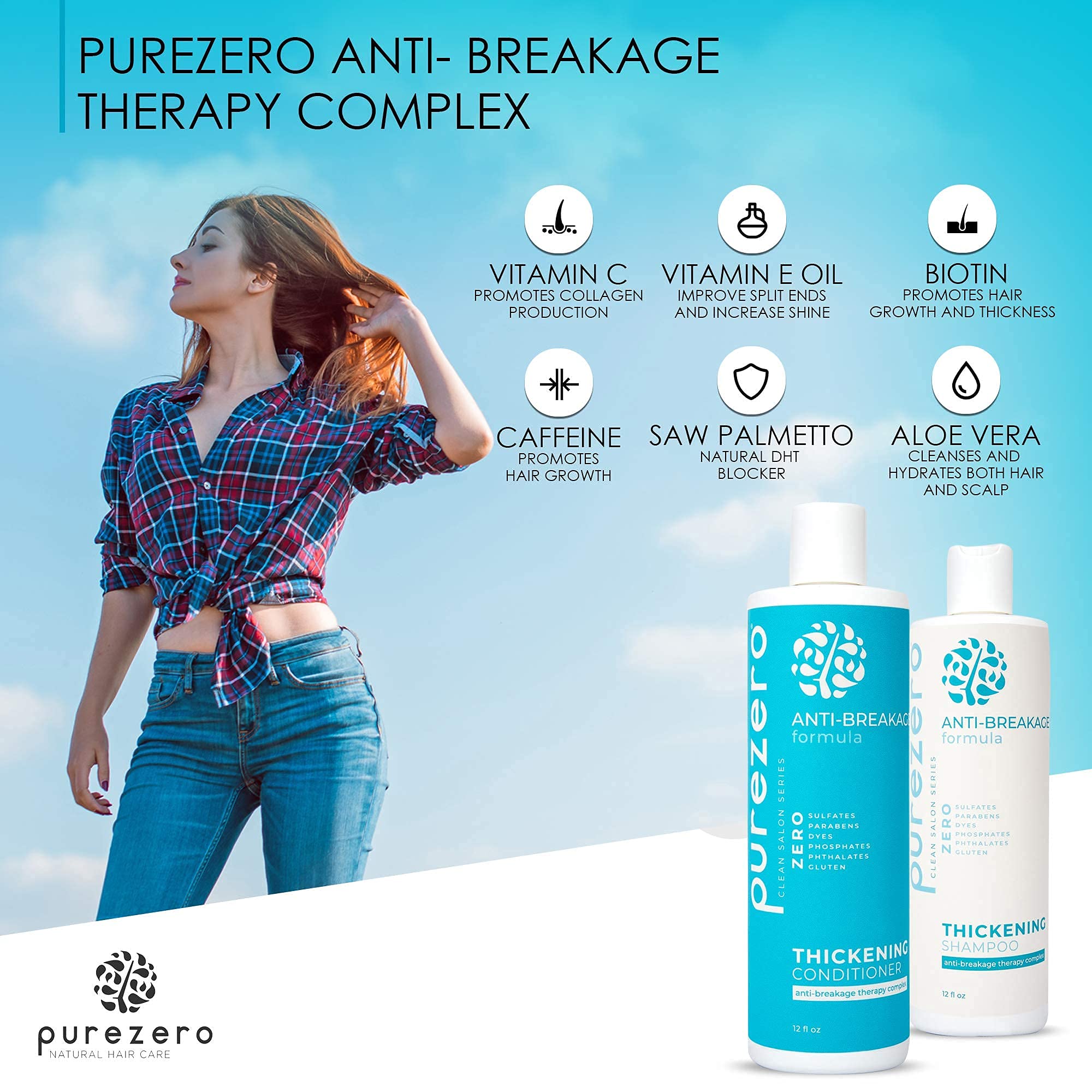 Purezero thickening conditioner tube displaying fuller-looking hair