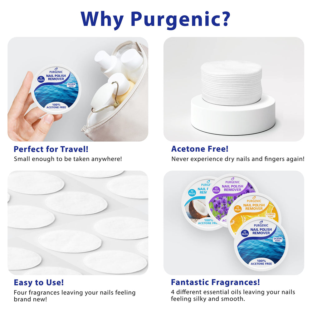 Purgenic nail remover pads with citrus fragrance provide a bright, quick polish removal.