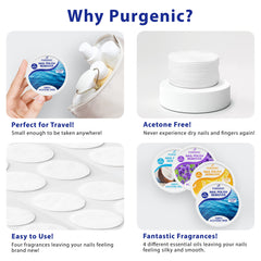Purgenic nail remover pads with citrus fragrance provide a bright, quick polish removal.