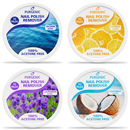 Purgenic nail remover pads with coconut fragrance dissolve polish gently for a refreshing finish.