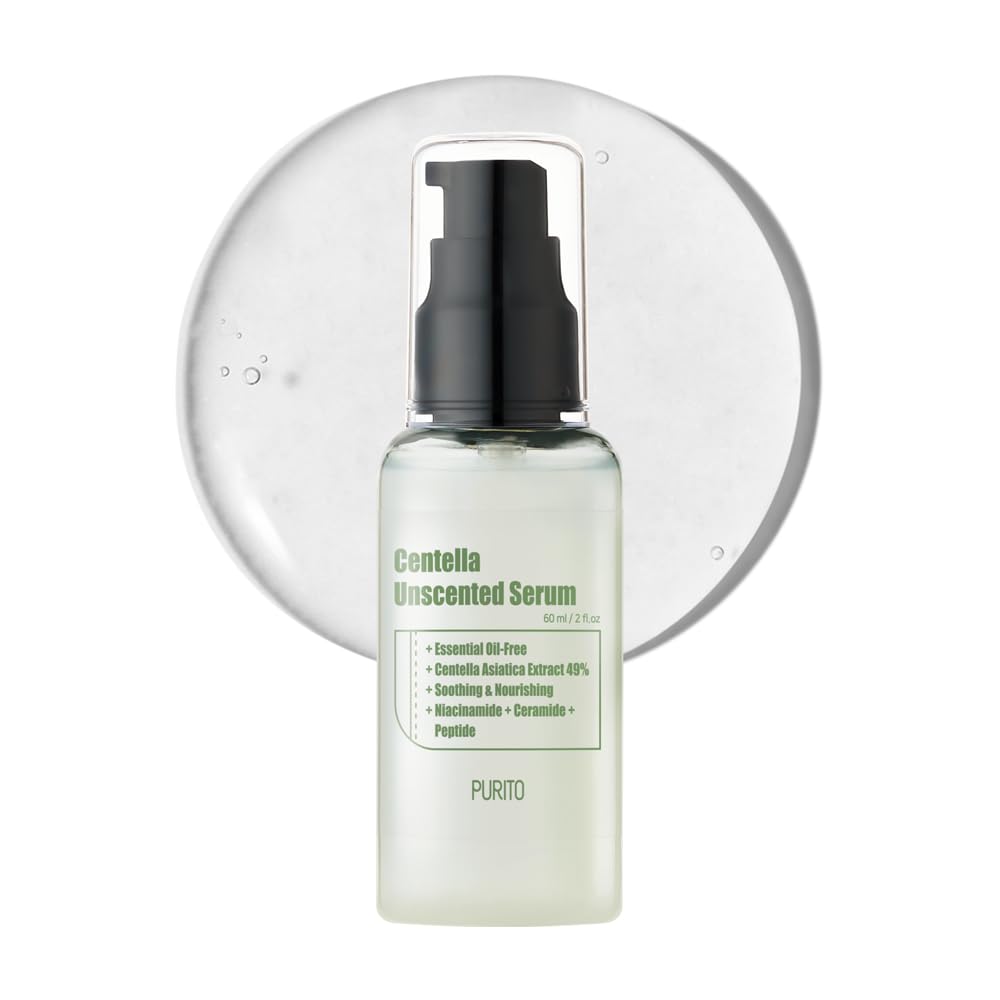 Purito Centella Unscented Serum bottle front view, soothing barrier support for all skin types.