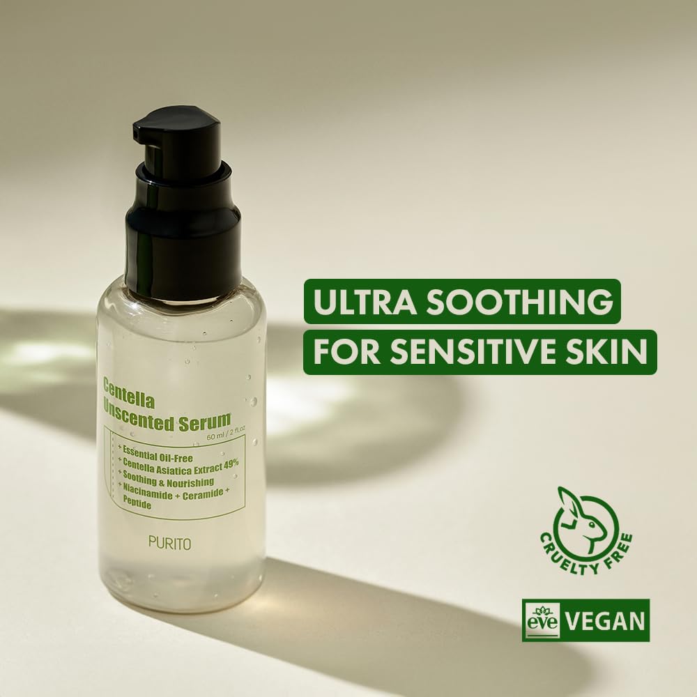 Purito Centella Unscented Serum dropper close-up, lightweight gel texture for calming daily use.