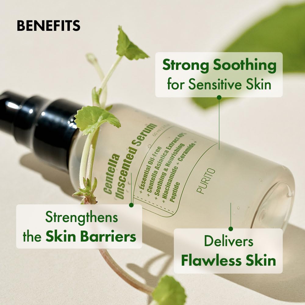 Purito Centella Unscented Serum bottle with label, fragrance-free formula for sensitive skin.