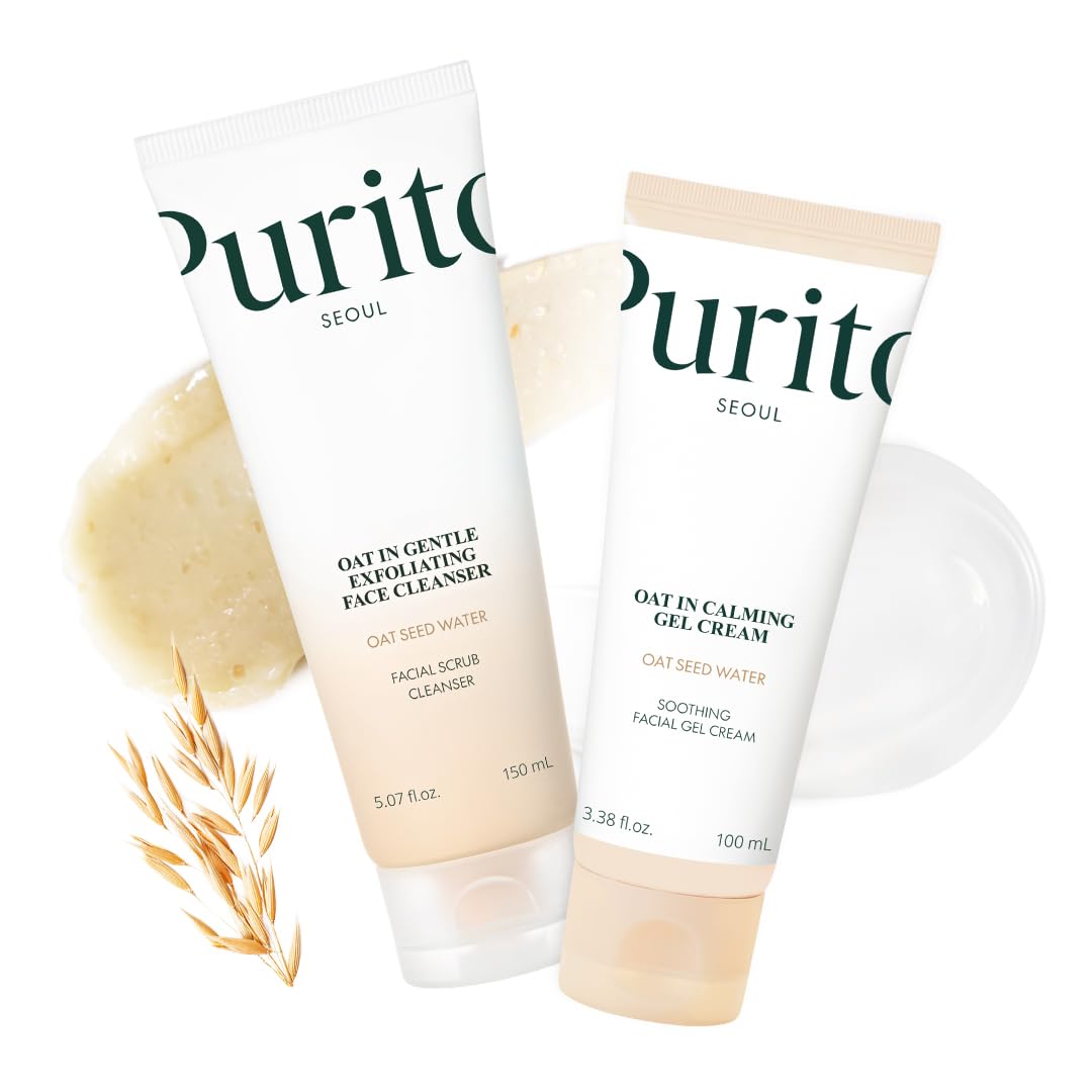 PURITO Oat Velvet Duo bottle and packaging showcasing a calming, clean skincare routine.