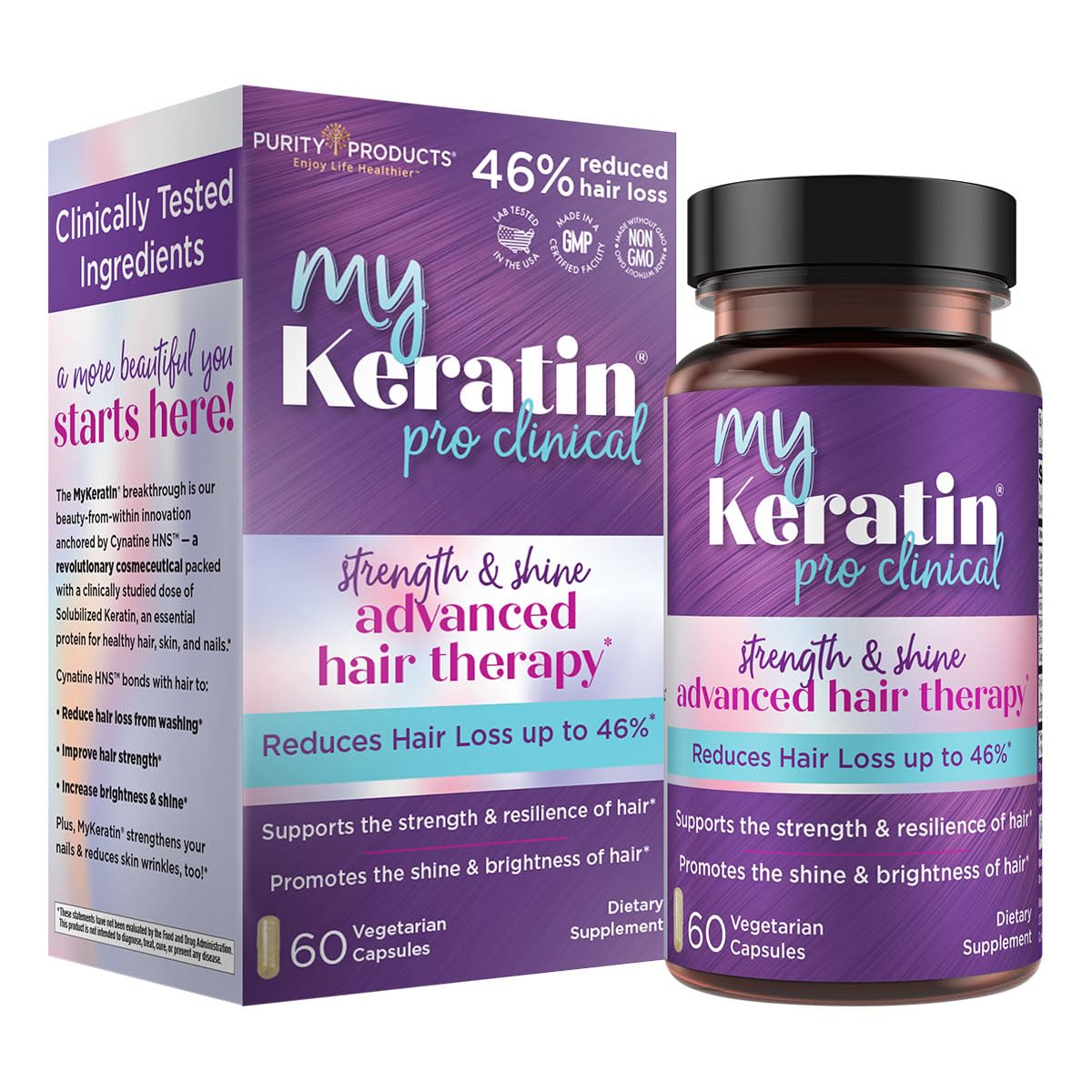 Purity Products MyKeratin ProClinical bottle demonstrates premium packaging for stronger, shinier hair.