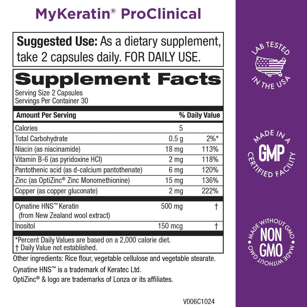 Purity Products MyKeratin ProClinical capsules close-up highlighting convenient daily hair support.