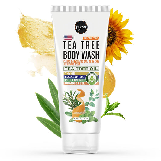 Puriya Tea Tree Body Wash bottle close-up highlighting a gentle, skin-friendly formula.
