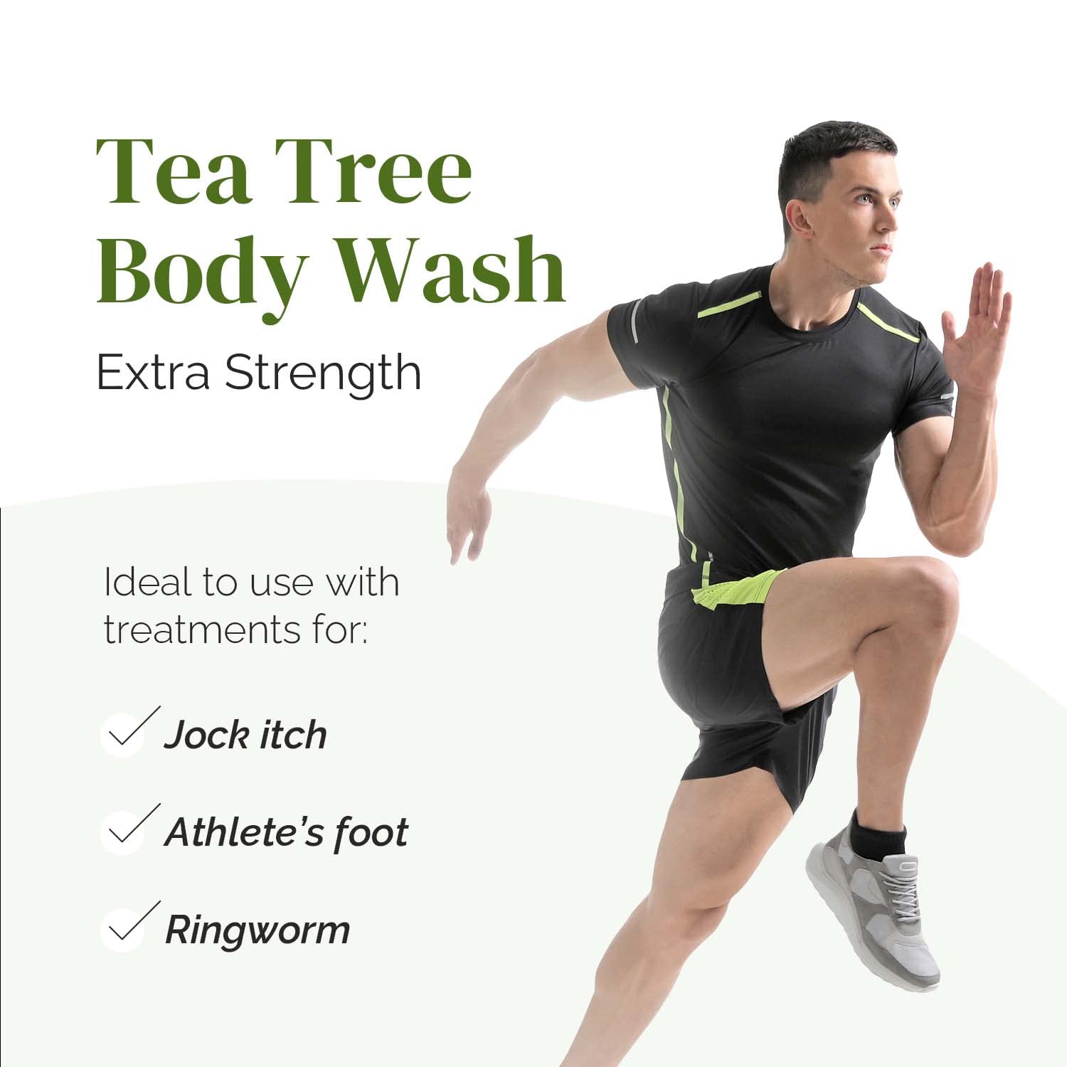 Puriya Tea Tree Body Wash ingredients scene featuring tea tree and eucalyptus.