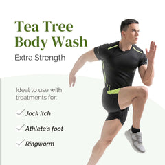 Puriya Tea Tree Body Wash ingredients scene featuring tea tree and eucalyptus.