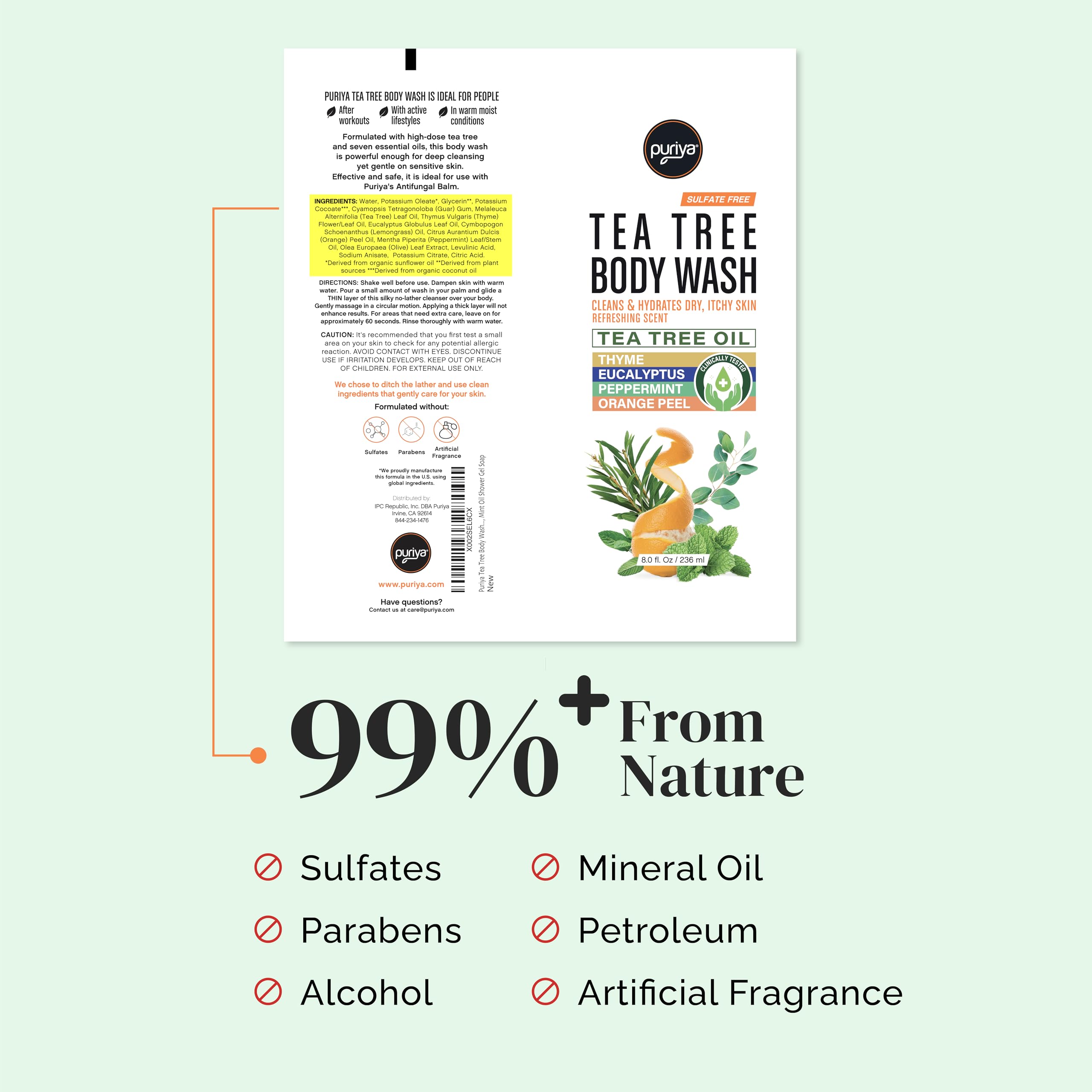 Puriya Tea Tree Body Wash on skin shows hydration without stripping natural oils.