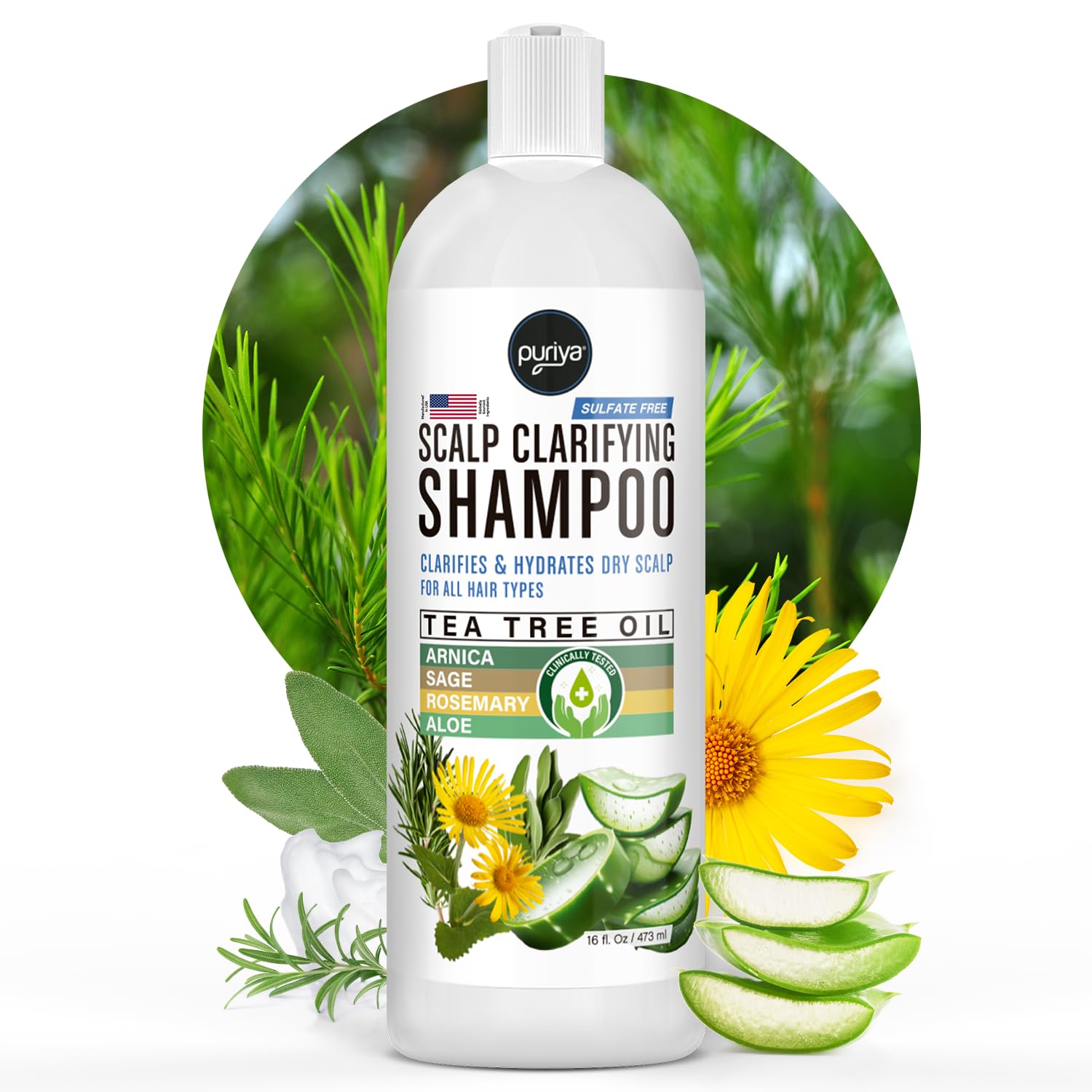 Puriya Tea Tree Clarifying Shampoo bottle promotes scalp cleansing and refreshed hair.