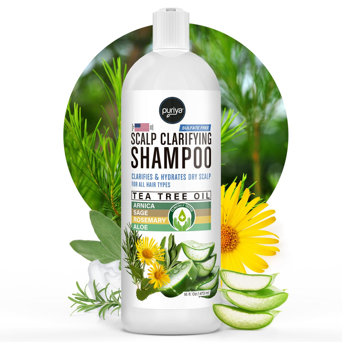 Puriya Tea Tree Clarifying Shampoo bottle promotes scalp cleansing and refreshed hair.