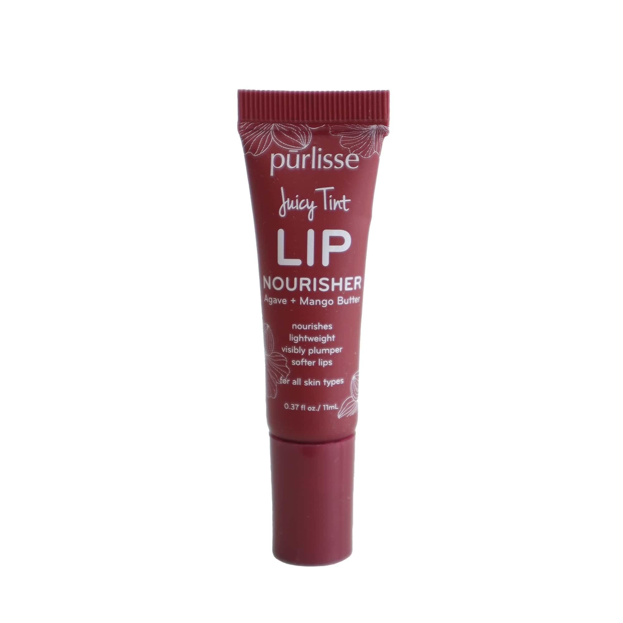 Purlisse Juicy Tint Berry Shine tube detail showing hydrated color finish.