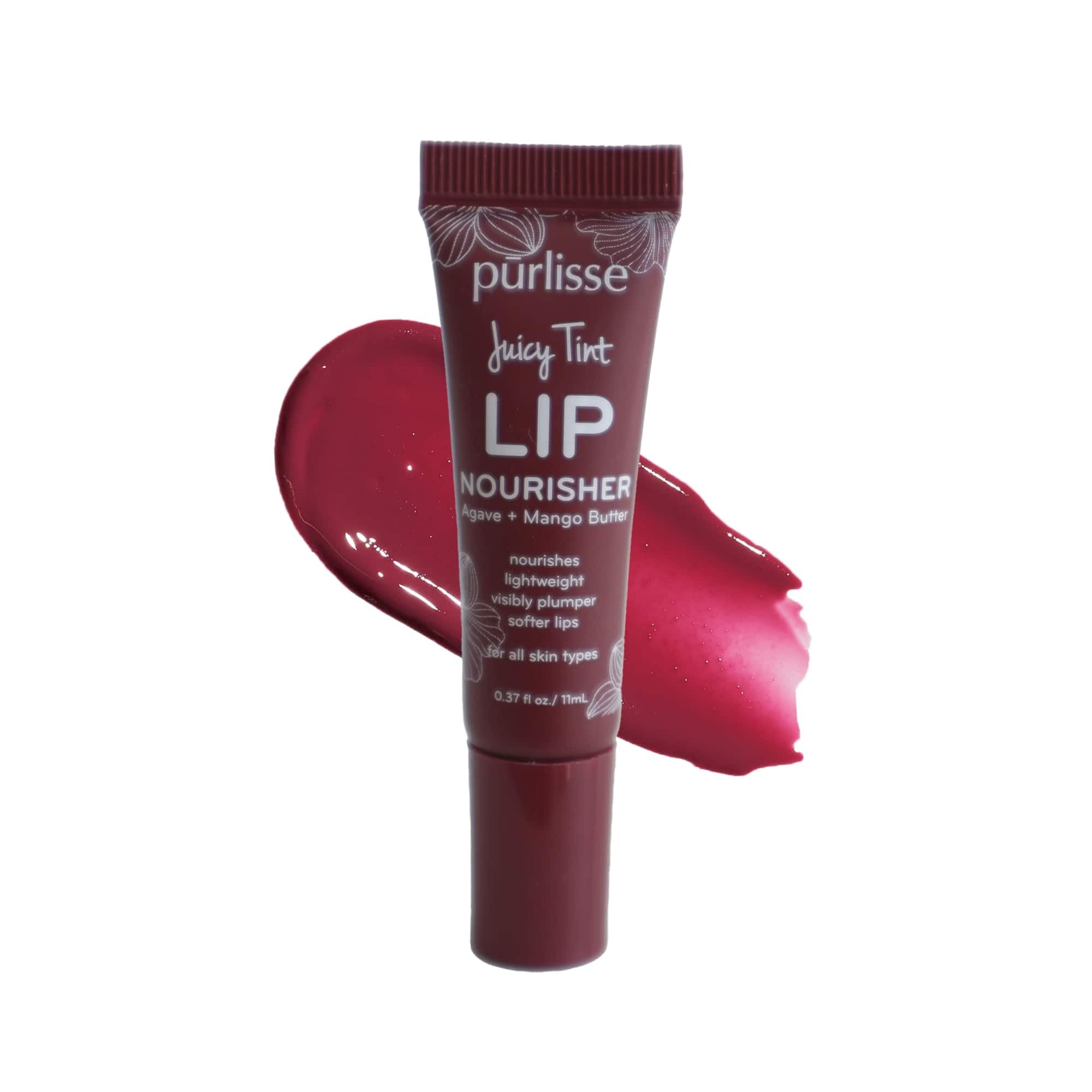 pūrlisse Juicy Tint Plum Shine applied on lips showing color and shine