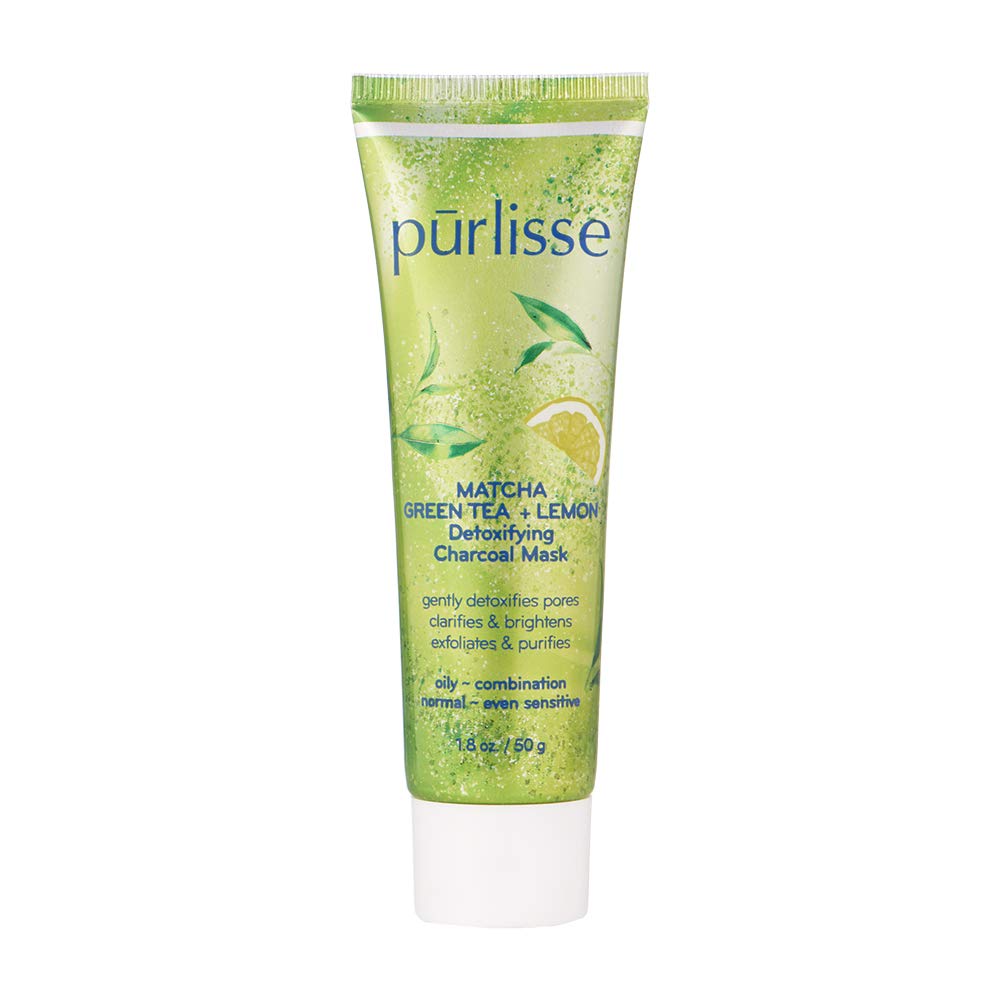 pūrlisse matcha green tea lemon detoxifying charcoal mask jar closeup for pore cleansing
