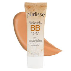 pūrlisse Perfect Glow BB Cream bottle closeup with SPF 30 for even-toned skin.
