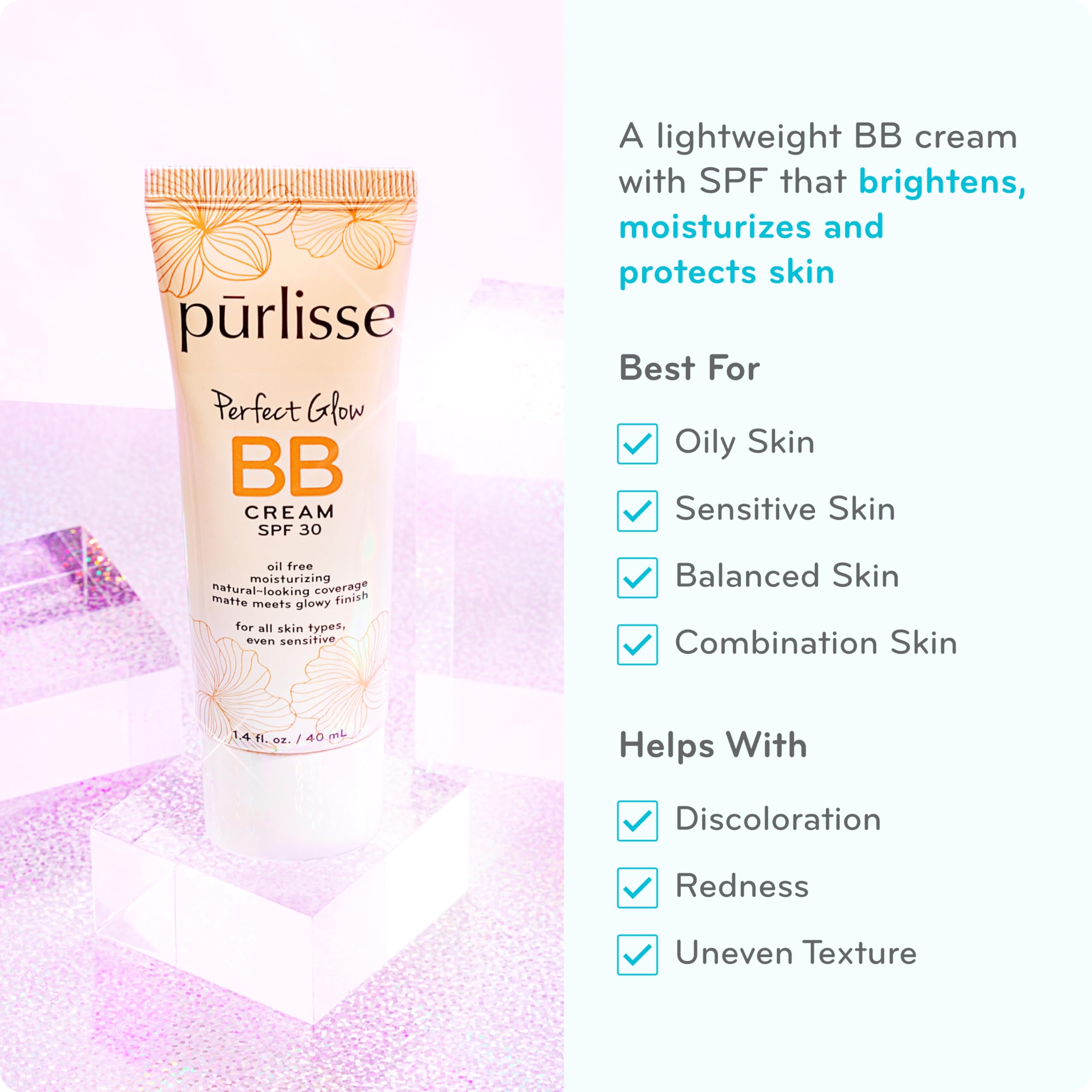 pūrlisse Perfect Glow BB Cream texture closeup showing matte to dewy finish for natural coverage.