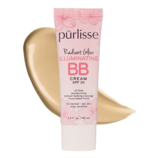 Purlisse Radiant Glow BB Cream bottle displays a luminous finish for a natural glow.