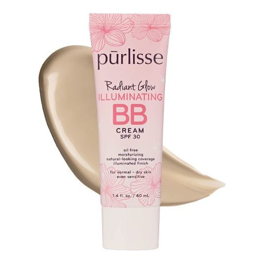 pūrlisse Radiant Glow BB Cream bottle with SPF 30 for radiant, hydrated skin.