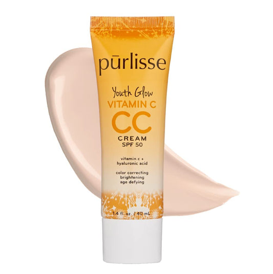 pūrlisse Youth Glow CC Cream bottle with SPF 50 for radiant skin.