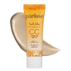 purlisse Youth Glow CC Cream bottle with SPF 50 for radiant skin and even tone