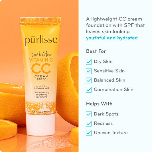 Swatches show natural color correction and buildable coverage with pūrlisse CC Cream.
