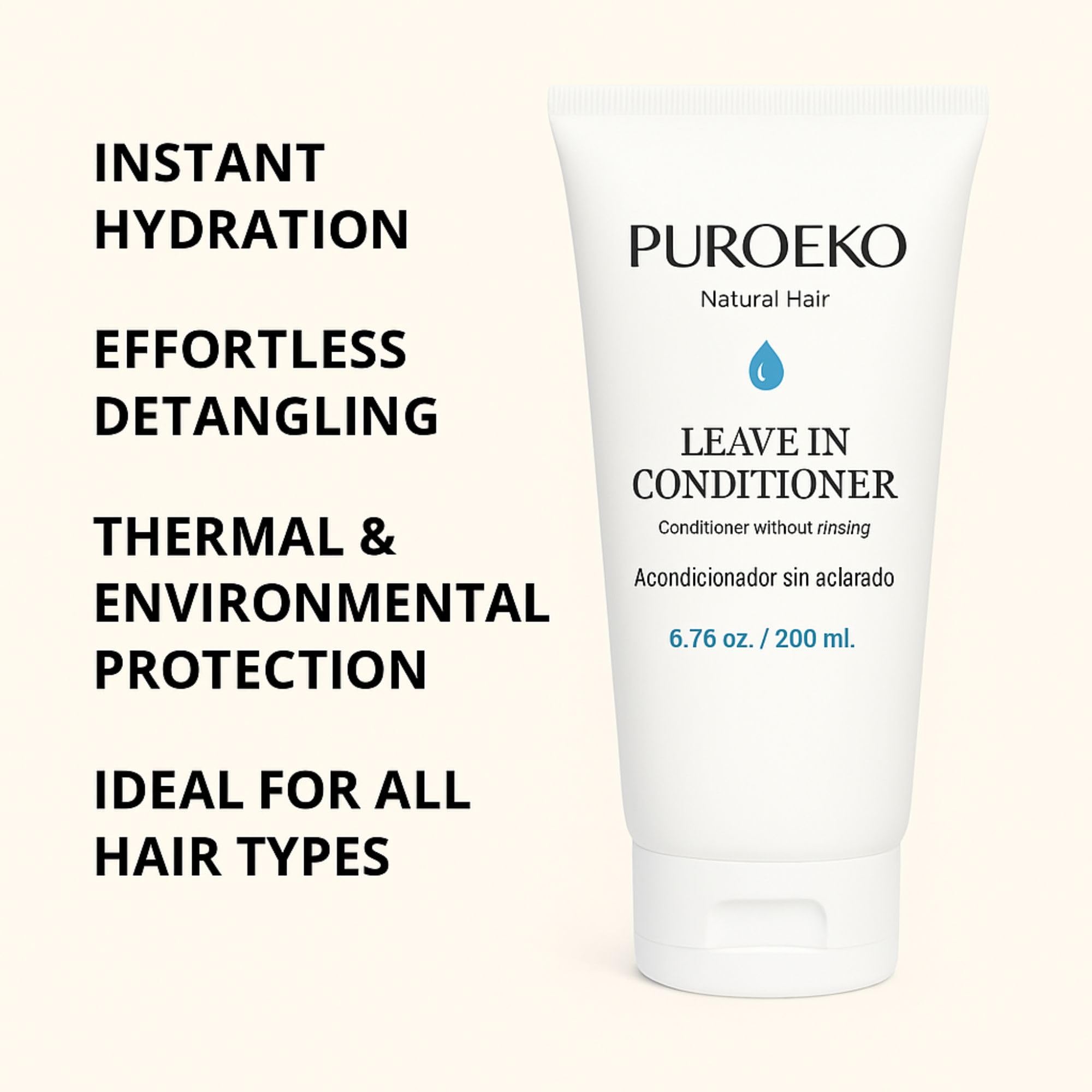 PUROEKO Hydrating Leave-In Conditioner dispensing nozzle illustrates lightweight protection in action.