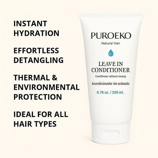 PUROEKO Hydrating Leave-In Conditioner dispensing nozzle illustrates lightweight protection in action.