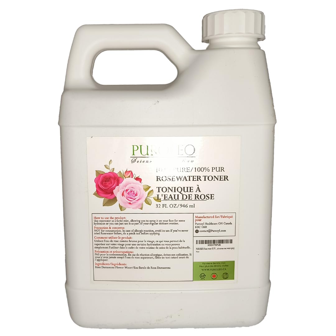PURÓLEO Rose Water on bathroom vanity ready for facial mist use.