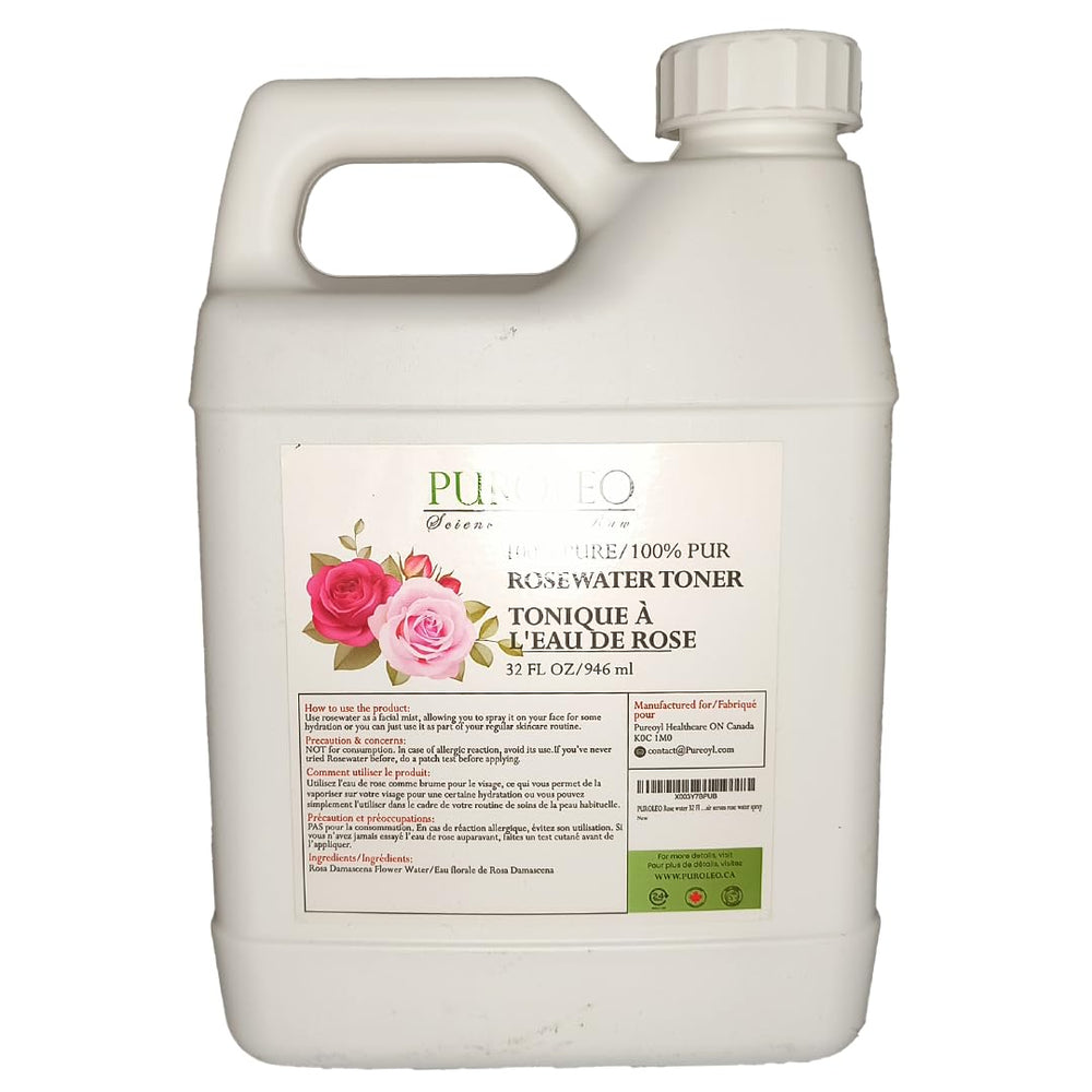 PURÓLEO Rose Water on bathroom vanity ready for facial mist use.