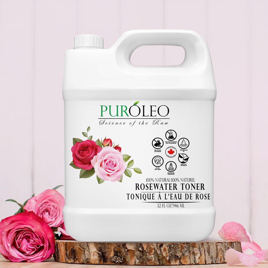 PURÓLEO Rose Water label close-up emphasizing purity and Canadian packaging.